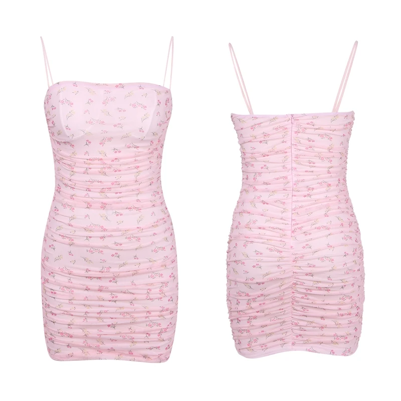 

Elegant Spaghetti Strap Floral Print Mini Dresses Sexy Backless Ruched Club Sleeveless Mesh Dress Summer