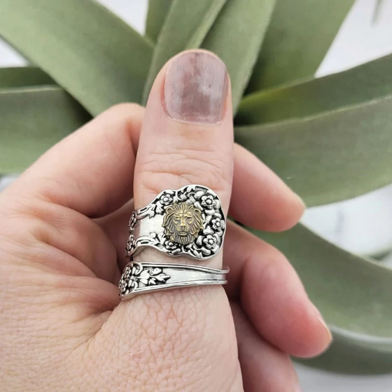 

Lion Head Flower Pattern Adjustable Opening Rings For Women Vintage Personalized Temperament Finger Jewelry Men Accessories Gift