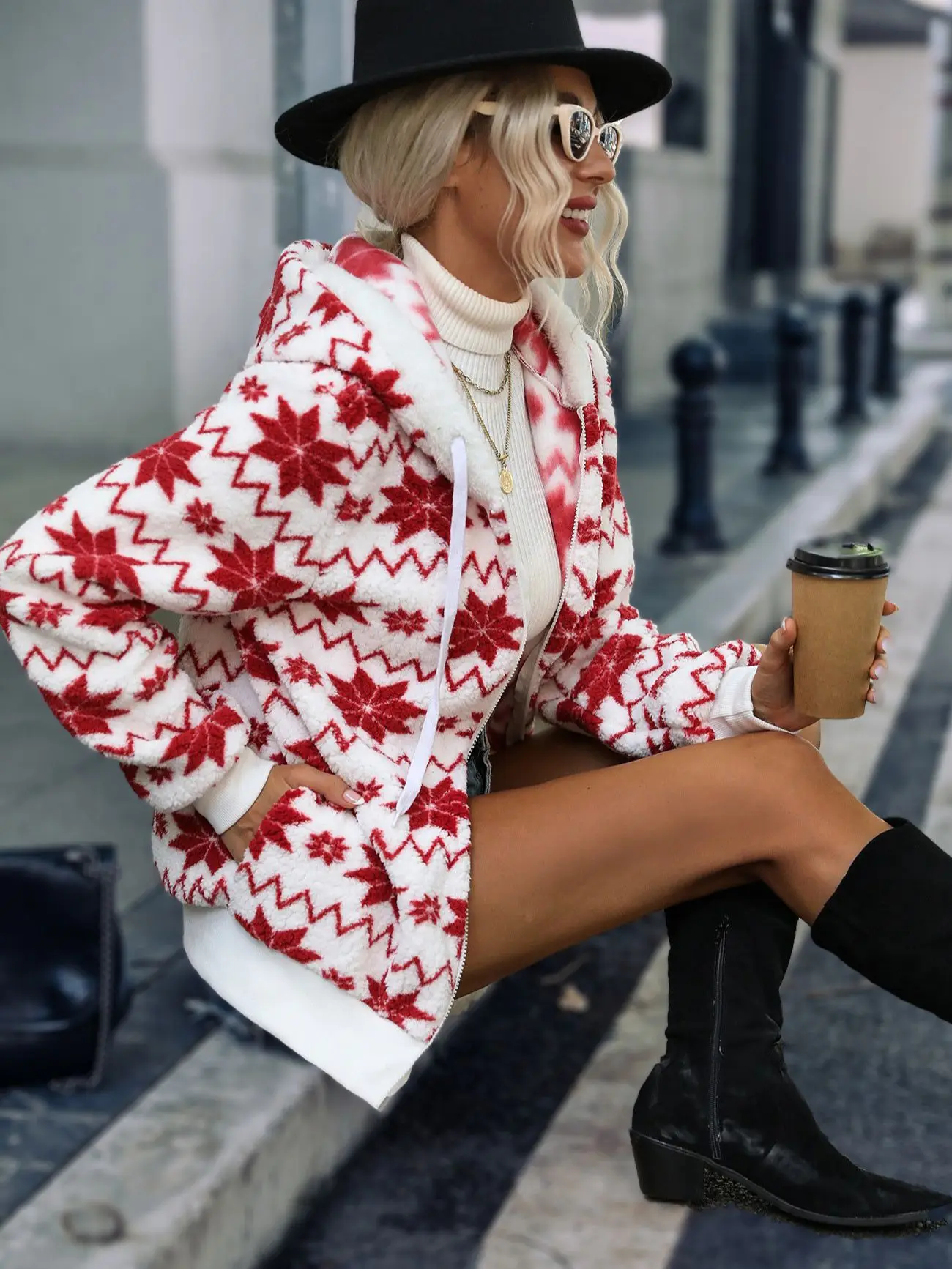 Fashionable new women's plush medium long hooded geometric printing long sleeve zipper plush coat