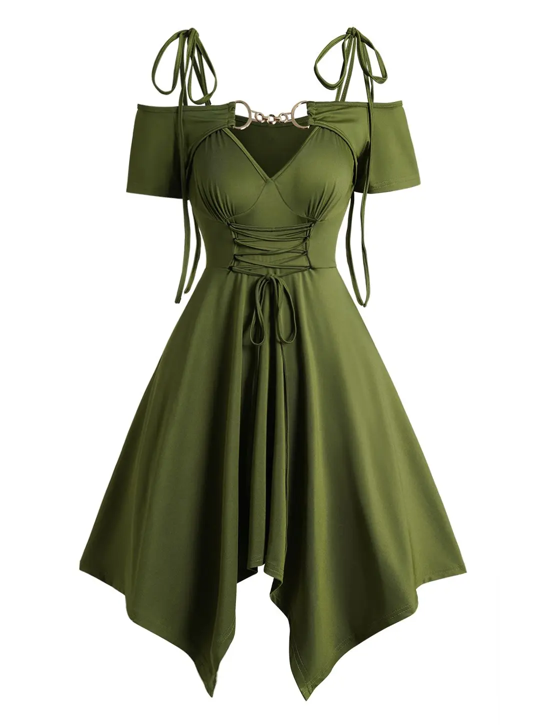 

Dressfo Open Shoulder Straps Dress Summer Lace Up Asymmetric Dress Tie Knot Shoulder Chain Detail Solid Color Short Sleeve Dress