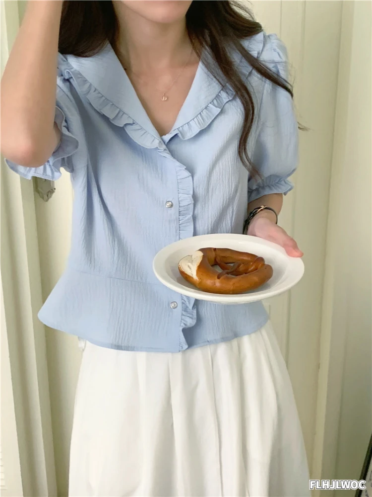 

Cute Sweet Peplum Ruffles Tops Women Korean Japan Preppy Style Girls Ladies Design Cotton Blends Single Breasted Button Shirts