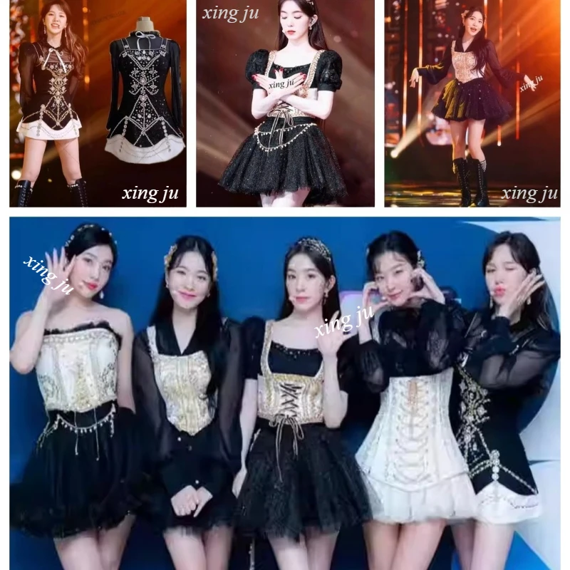 Фото Сценические костюмы для K-pop исполнителей: сексуальное платье принцессы с кружевной шнуровкой для вечеринок, концертов, джазовых выступлений и танцев (корейский стиль) №1