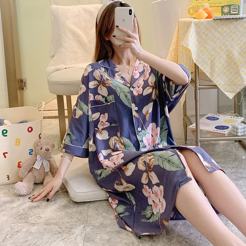 

Women's Nightgown Super Soft and Breathable 3/4 Sleeves Sleepwear Sleep Shirt Cotton Long Nightshirt Button Down Pajama Dresses