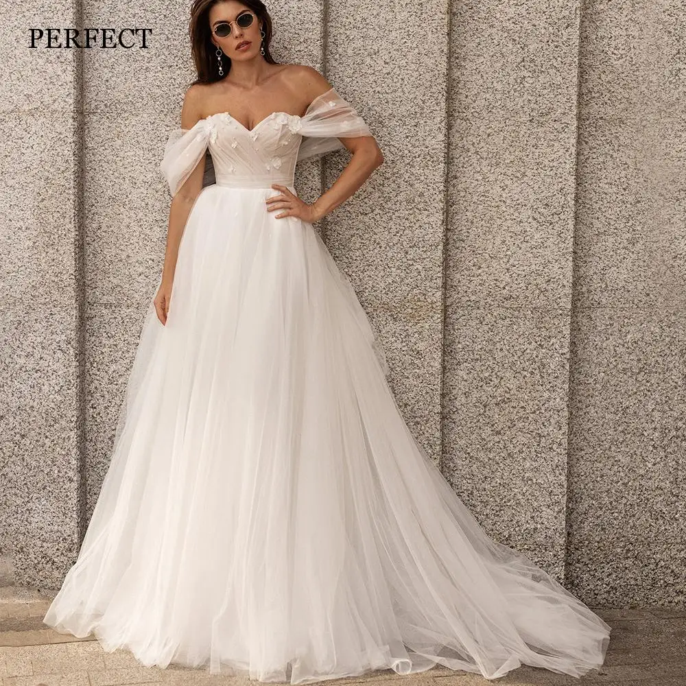 

PERFECT Romantic Sweetheart Tulle Wedding Dresses Off The Shoulder Appliqued Bridal Gowns Open Back Lace Up Vestidos De Fiesta