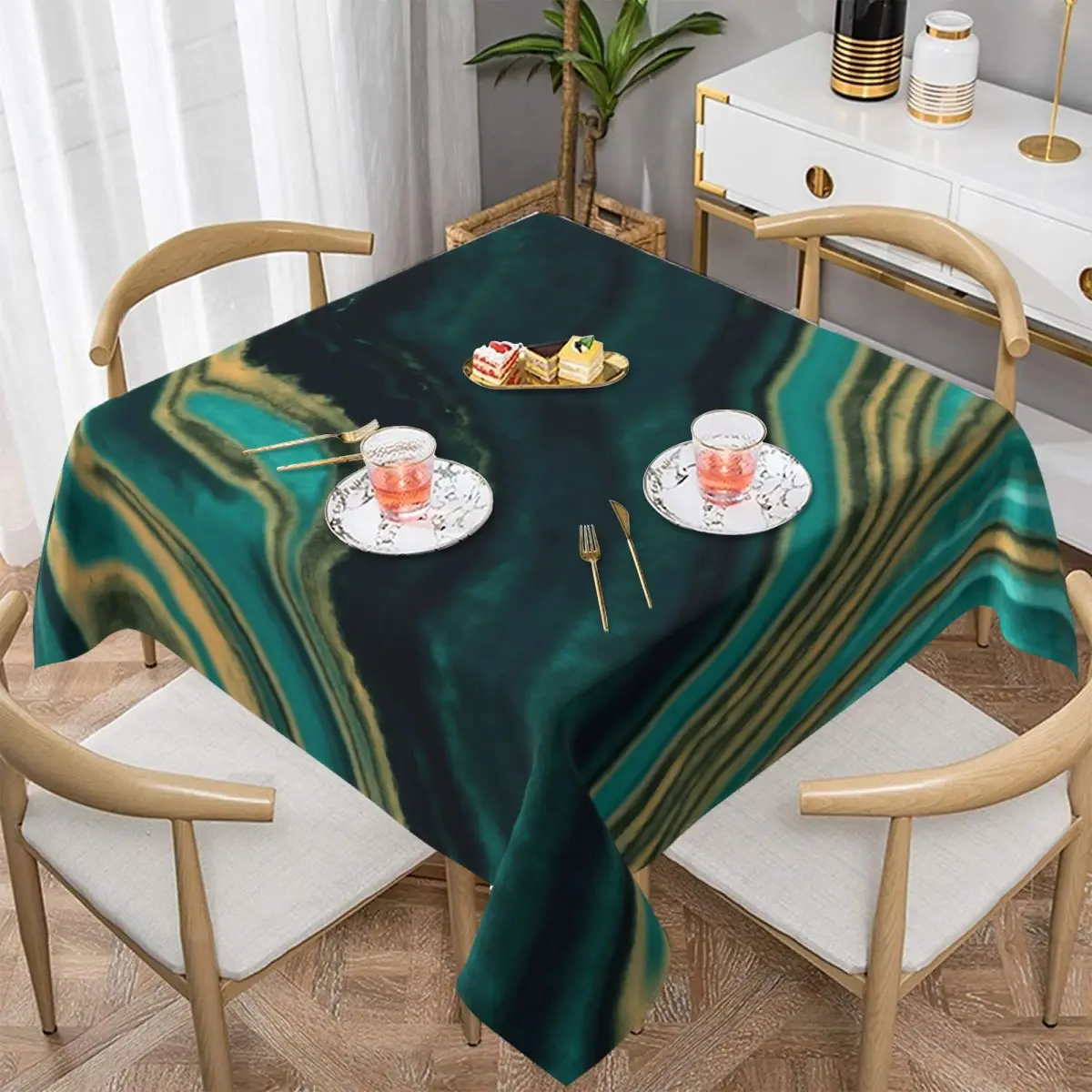 

Marble Art Tablecloth Aqua And Metallic Gold Marble Printed Table Cover Gift for Mom Dinner Protection Polyester Table Cloth