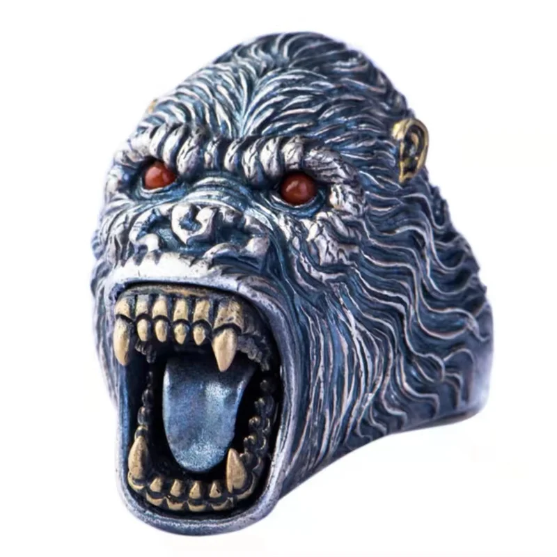 

Men's S925 Silver King Kong Monkey ring domineer Monkey Thai silver craft retro Ha tide men's personality open ring wholesale