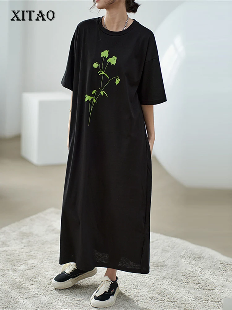 

XITAO/платье с цветочным рисунком; Модный пуловер; Цвет Черный; Рукав до локтя; Goddess Fan; Коллекция 2022 года; Летнее свободное платье в повседневно...