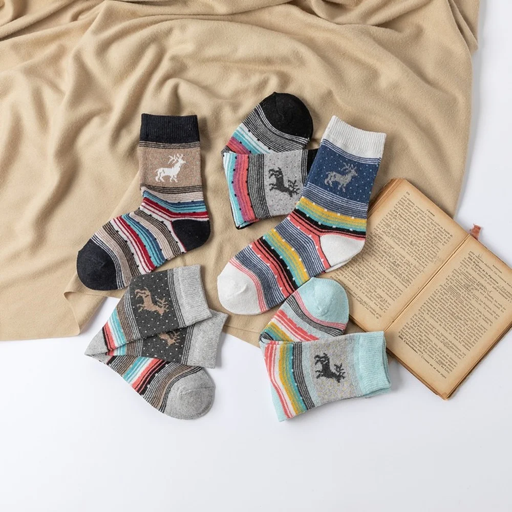 2022 Autumn and Winter New Thicken Warm Rabbit Wool Socks Ethnic Style Colorful Christmas Gifts Striped Deer Casual Women Socks