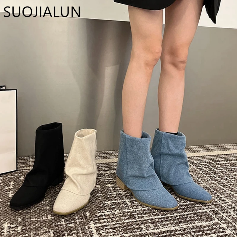 

SUOJIALUN 2022 Зимние новые Брендовые женские ботильоны модные с бахромой на низком каблуке без застежки ковбойские повседневные короткие ботинк...