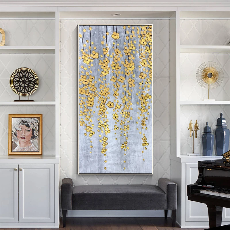 

Hand Painted Gold Flower Oil Painting On Canvas Modern Painting Wall Art For Living Room Decor Interior Decoration