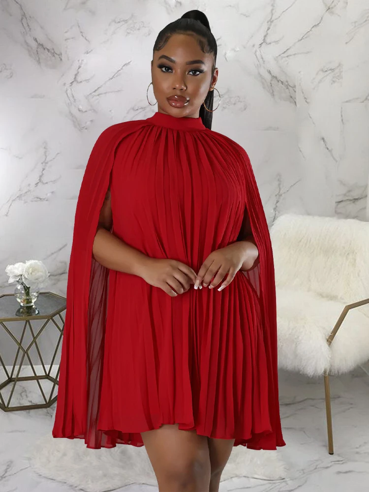 

Aomei Mini Casual Pleated Dress For Women Half Stand Collar Cloak Sleeve Chiffon Loose Comfortable Formal African Evening Robes