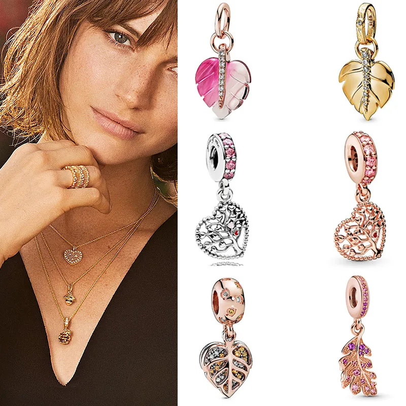 

100% 925 Sterling Silver Charm New Rose Gold Glazed Falling Leaf Pendant Fit Pandora Women Bracelet & Necklace Diy Jewelry