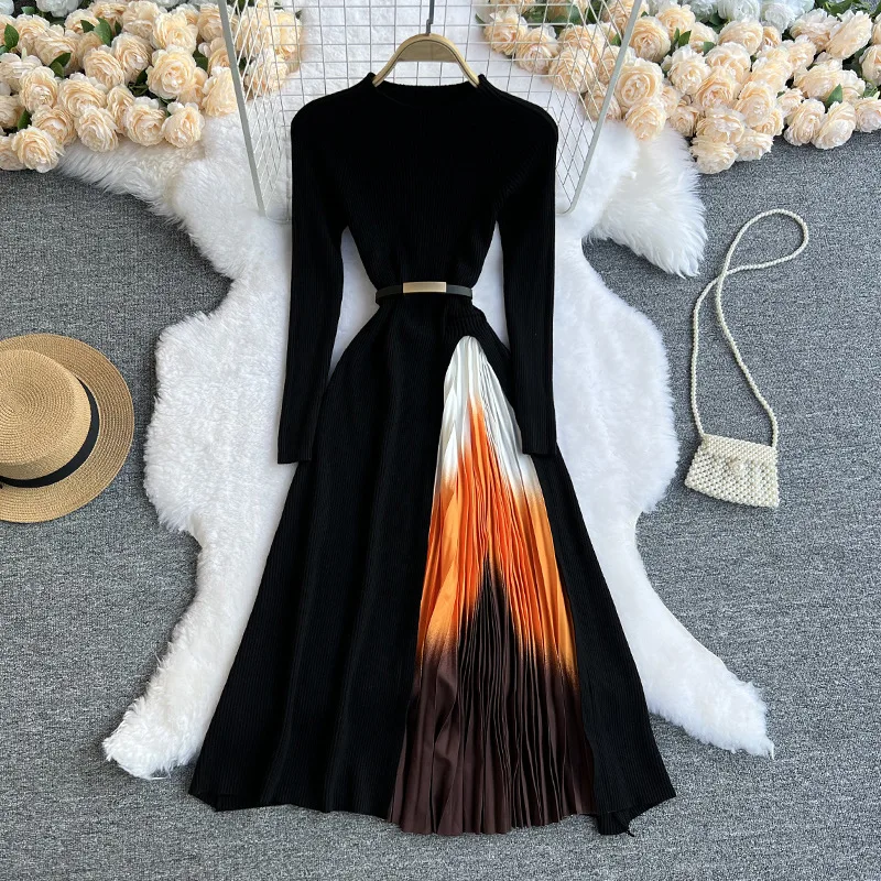 

Женское трикотажное платье-свитер с поясом, элегантное плиссированное платье контрастных цветов в стиле пэчворк, офисное платье с длинным рукавом, Осень-зима