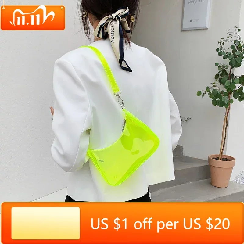 

Fashion Vintage Ladies Jelly Solid Color Clear Underarm Bag Casual Women Hobos Handbags Purse Fashion Cell Phone Shoulder Bag