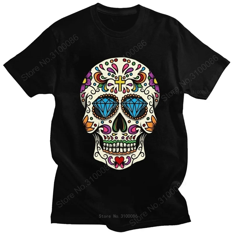 

Mexican skeleton men's T-shirt, cotton short sleeved shirt, round neck street clothes, skeleton sugar death day gift