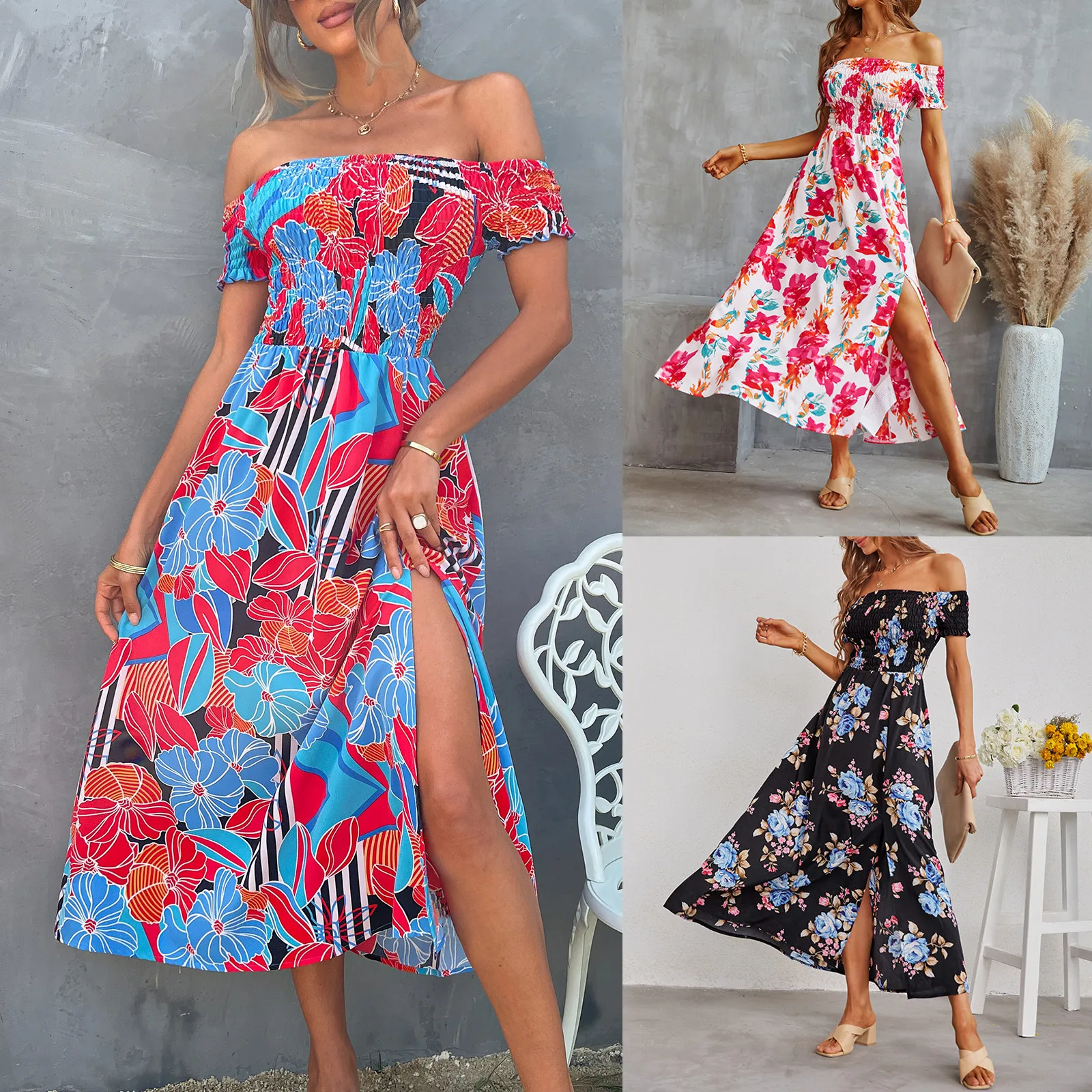 

2022 Women's Summer Maxi Dresses Cute Floral Black Blue Red White Chest Wrapping Strapless Long Large Swing Dress For Women