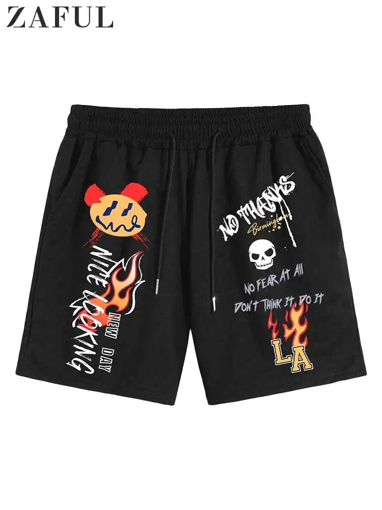

ZAFUL Men's Shorts Slogan Skull Flame Graphic Sweatpant Elastic Mid-waist Streetwear Cotton Shorts Summer Basketball Short Pant
