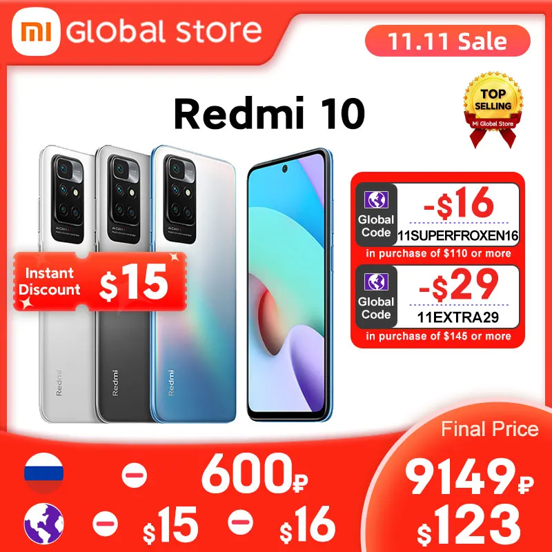 Tanie Globalna Wersja Xiaomi Redmi 10 64GB/128GB Nowy Smartfon 50MP AI Quad Camera 90Hz Wyświetlacz FHD MediaTek Helio G88 Octa Core