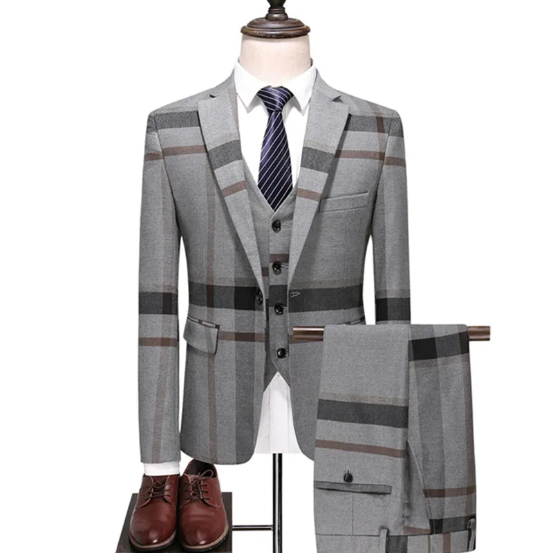 Men's Wedding Plaid Blue Gray Blazers Jacket Pants Vest 3 Pcs Set  2022 Slim Fit Business Tuxedo Dress Classic Formal Suits Coat