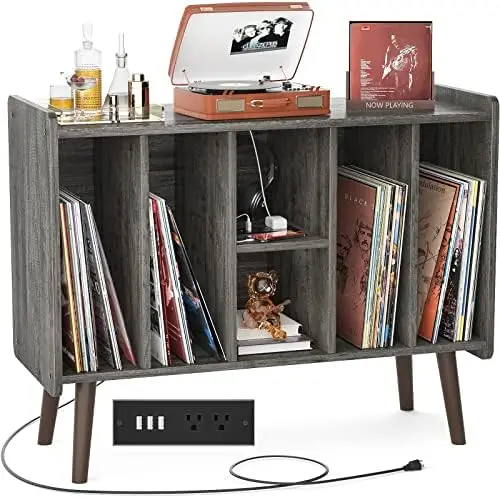 Record Player Stand with Storage and Outlet, Vinyl Record Player Table Holds Up to 200 Albums, Turntable Stand with Gold Legs, V