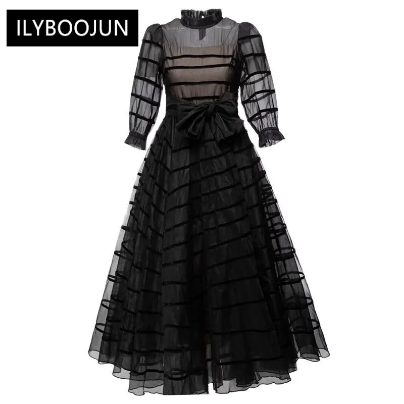 Summer Long Dress Stand Collar Lantern Sleeve Belt Black Vintage Party Dresses For Women 2023 Runway Luxury Brand High Quality