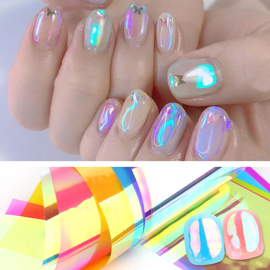 

Sdotter 8pcs Aurora Film Broken Glass Nail Foils Transfer Paper Holographic Nail Art Stickers Decals Slider 3D Charms Decoration
