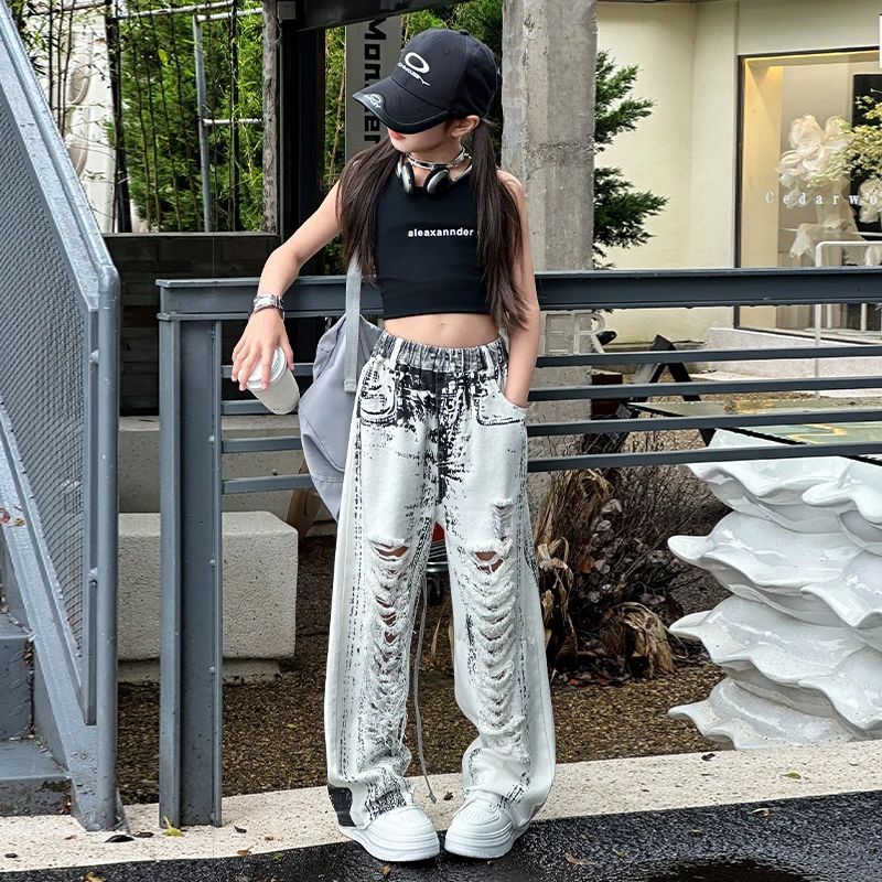 Джинсы с дырками для девочек 5-15 лет крупные рваные брюки широкими штанинами