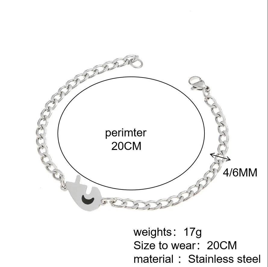 2pcs/set Stainless steel Embossed Puzzle Sun and Moon Pendant Couple Bracelet for Men Women Jewelry Accessories