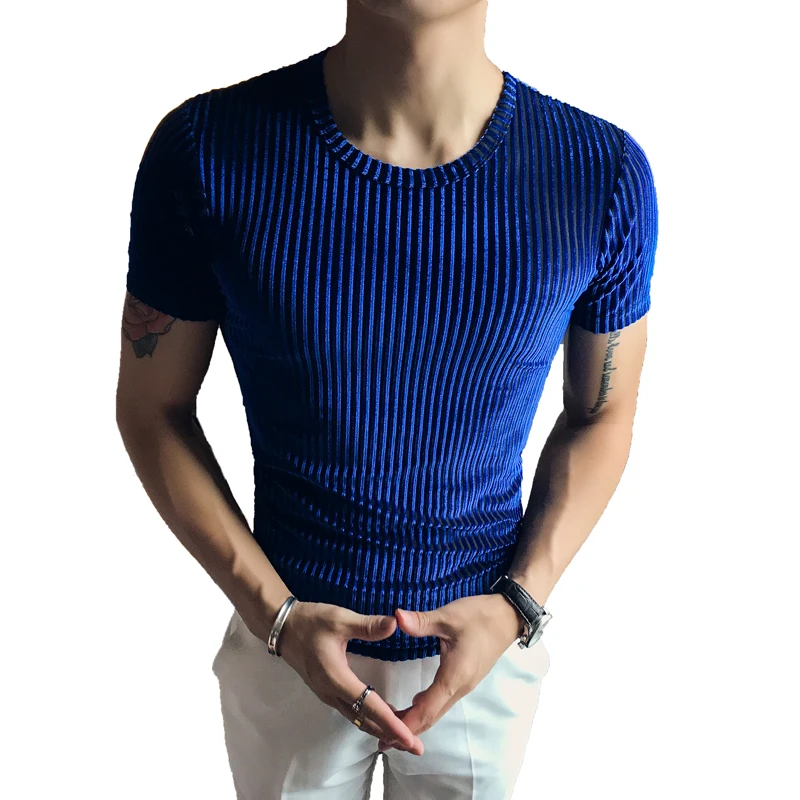 

2023 Fashion Men's Slim-Fit Short-Sleeve T-Shirt Round Neck Vertical Stripes in Solid Colors for Casual Wear Outdoor Activities