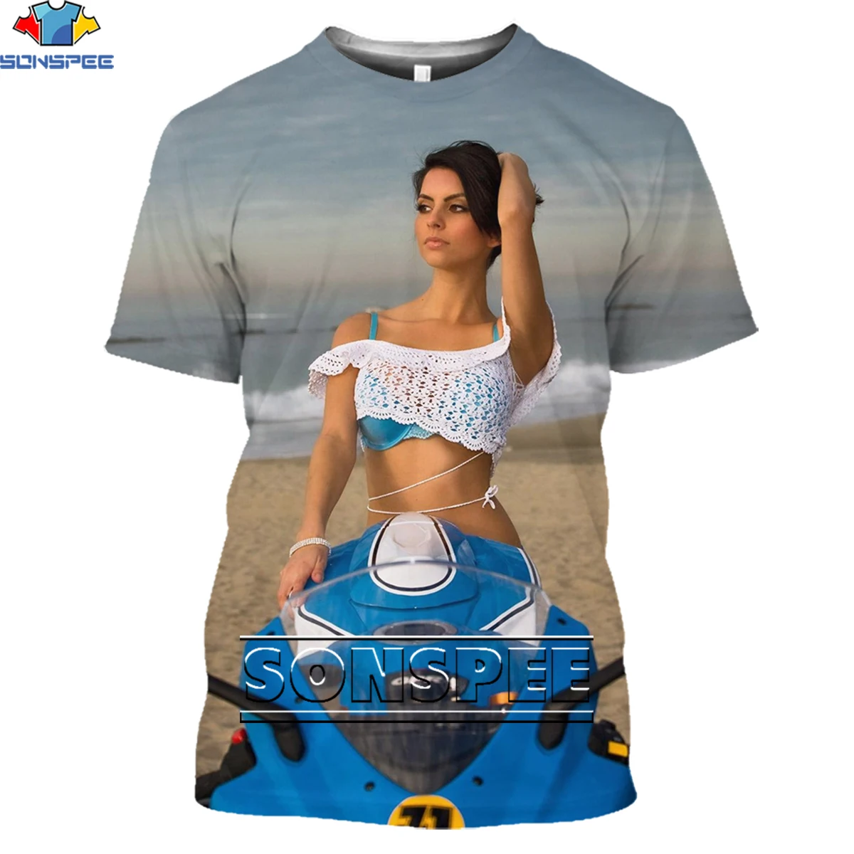 Сексуальная модель мотоциклетного бикини SONSPEE светлая трендовая футболка с