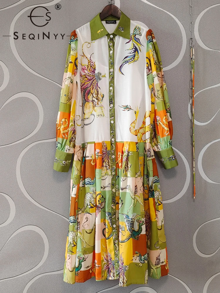 SEQINYY Holiday Loose Dress Summer Spring New Fashion Design Women Runway High Street Vintage Cartoon Print Belt Elegant