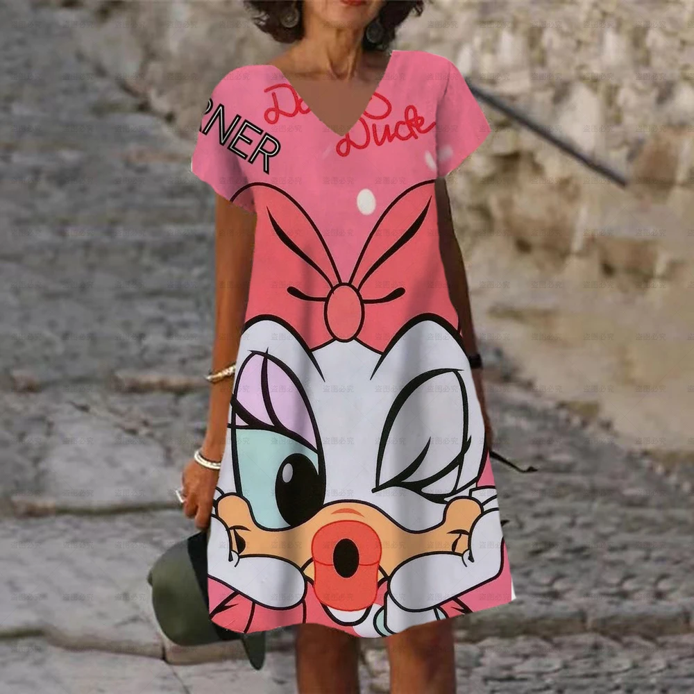 

Women's New Short Sleeve V-Neck Disney Minnie Mickey Print Midi Skirt Ladies Loose Shift Dress 2022 Summer New Pullover Dress