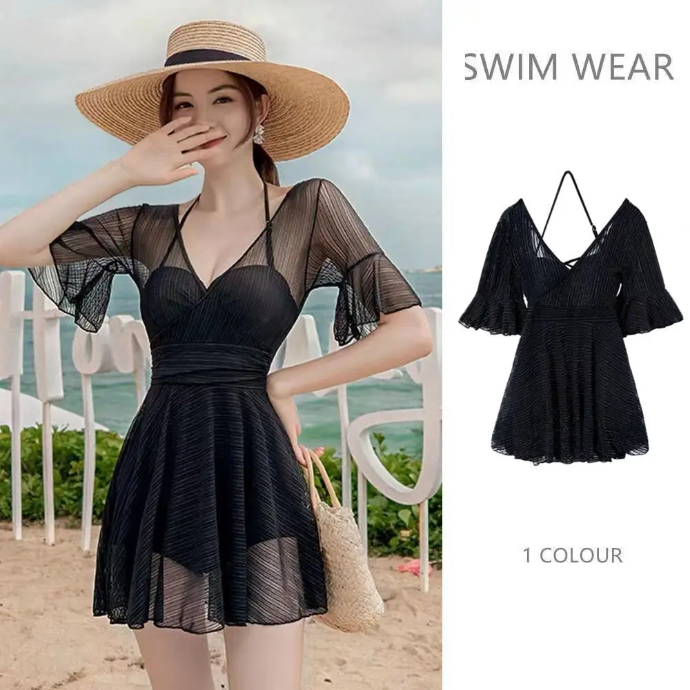 

2023 New Korean Style Conservative Swim Dress Elegant Swimwear for Women Black Solid Slimming Fit Push Up One Piece Bikini Skirt