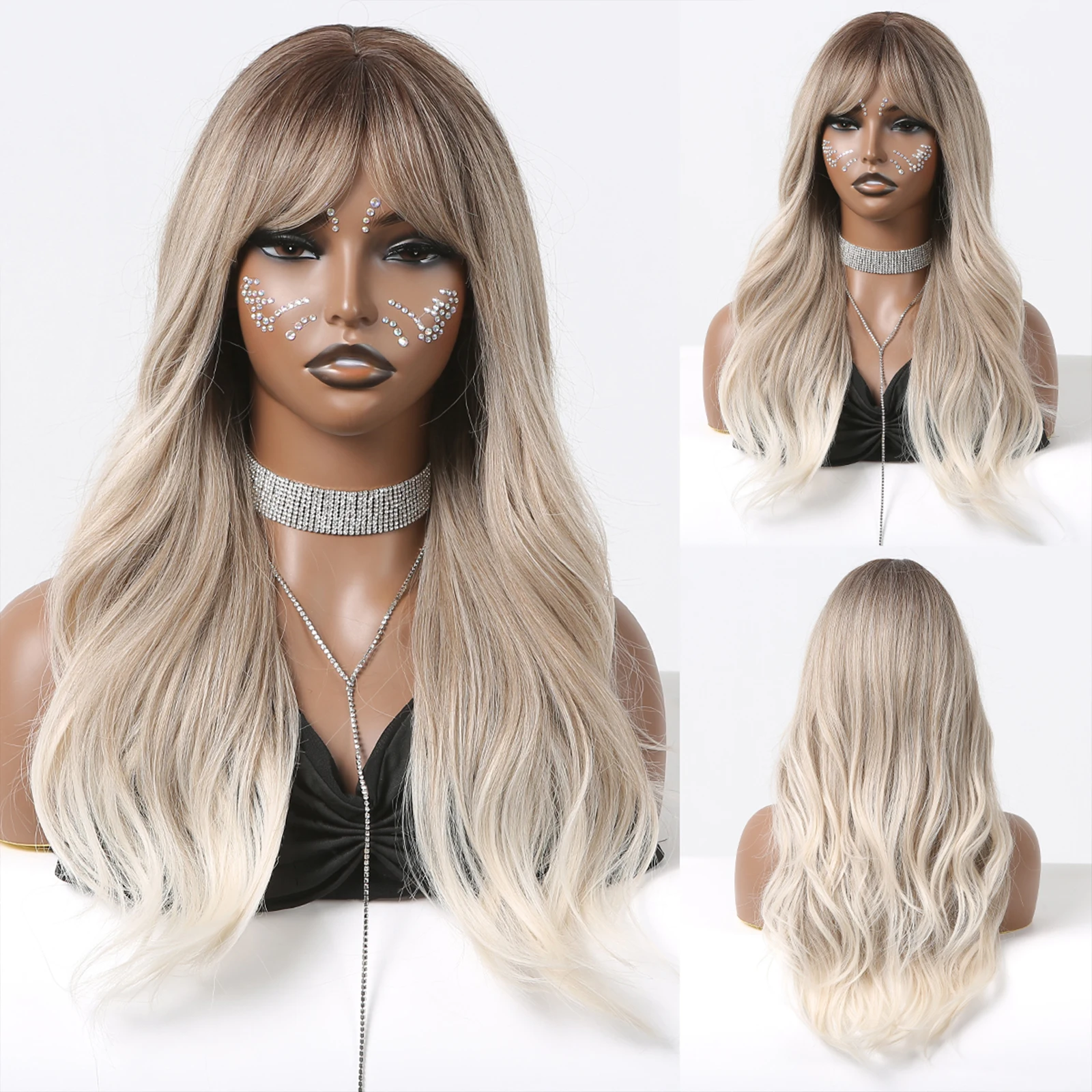 

Длинные волнистые синтетические парики с челкой, светлый серый пепельный натуральный волнистый термостойкий парик для женщин, повседневный женский парик