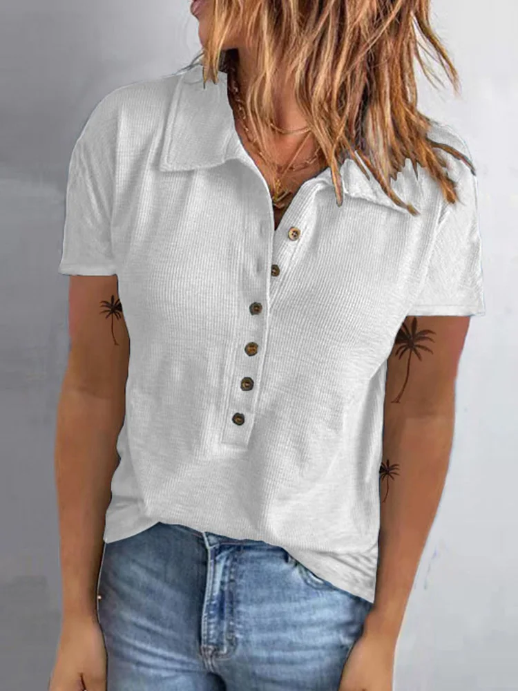 

Блузка женская однотонная с коротким рукавом, повседневная элегантная рубашка с отложным воротником, модный офисный пуловер на пуговицах, ...