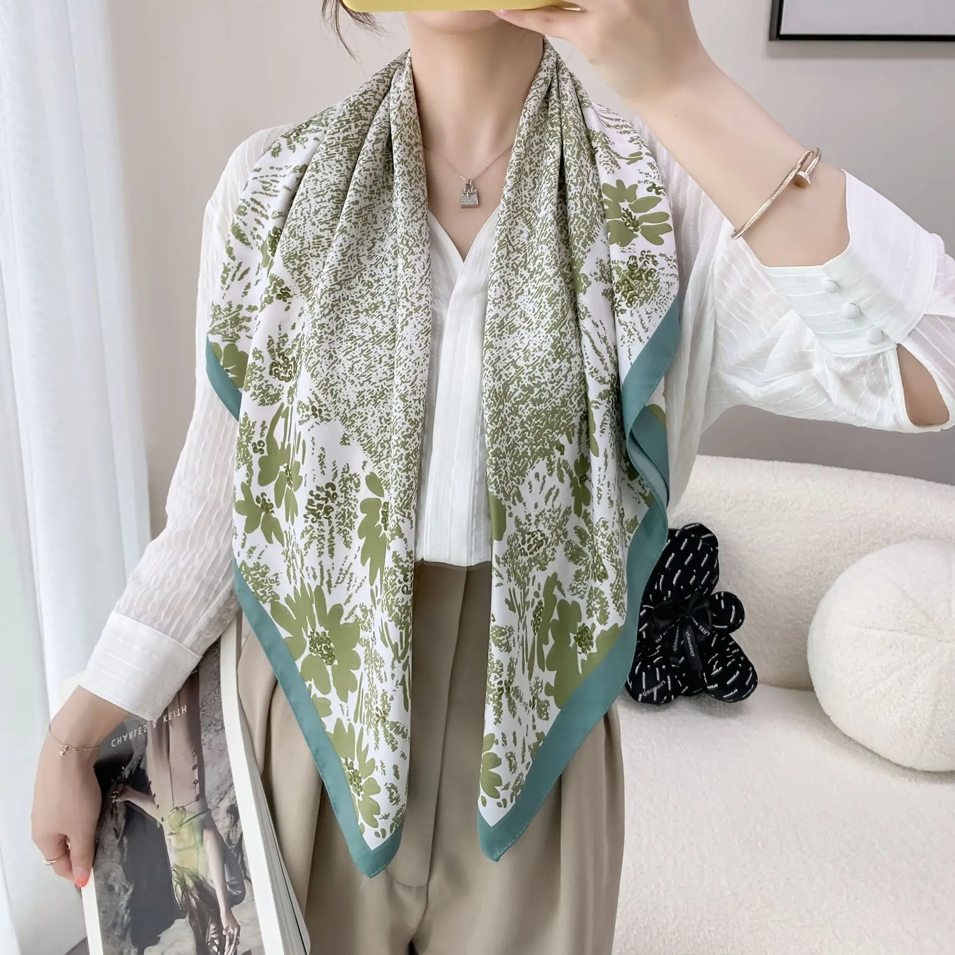 

Printed Warp Knit Square Scarf Floral Green Patchwork Pastoral Collection Decorative Clothes Scarf Beach Sunscreen Scarf