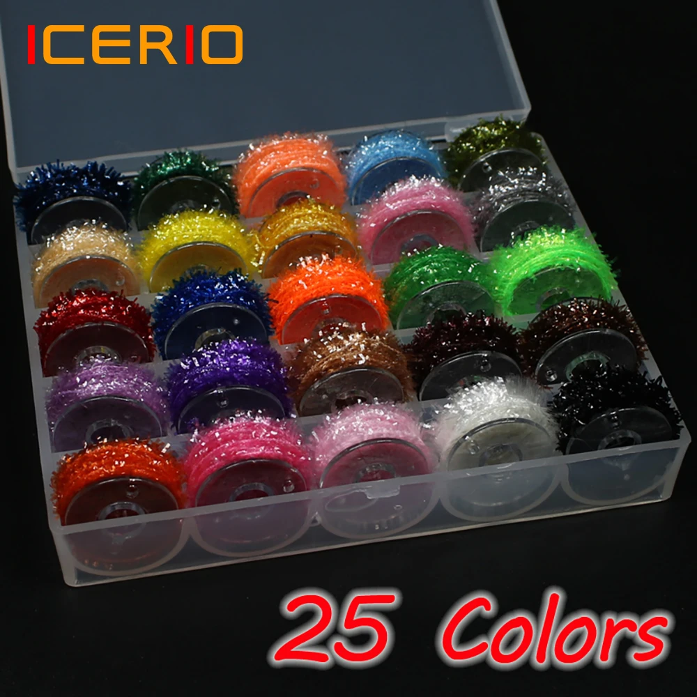 ICERIO 25 Colors 5m/reel Fly Tying Tinsel Chenille Material for Streamer Lures Crystal Flash Dubbing Fiber/Flex Hackle Material
