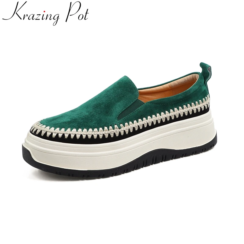 

Krazing Pot Genuine Leather Platform Solid Fashion Sneakers Slip On Loafers Preppy Style Luxury Casual Women Vulcanized Shoes