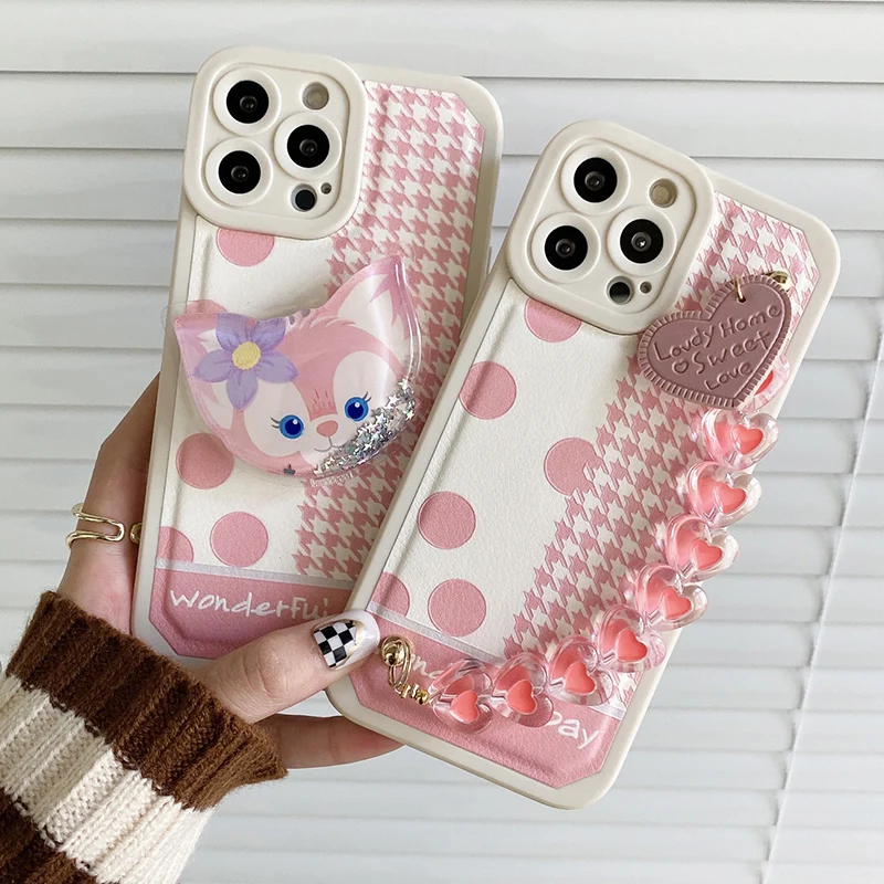 

Disney LinaBell Pink Phone Case for iPhone X XR XS 7 8 Plus 11 12 13 pro MAX 13mini Stand Holder Cover Love Bracelet Wrist Case