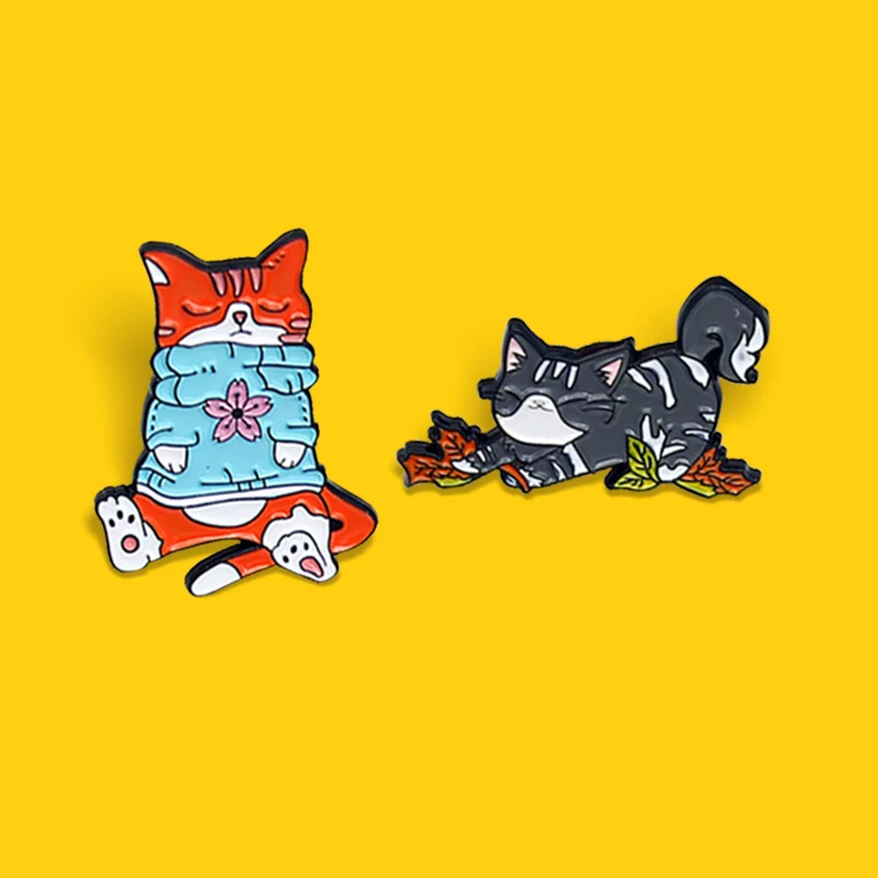 Cute Grey Orange Cat Brooch Play maple leaves Pink Cherry blossoms Kitty Enamel Pin Cartoon Animal Badge Jewelry Gift for Kids
