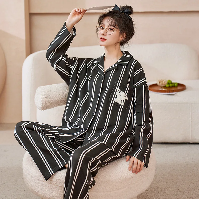 Pijama Mujer Loungewear Women Pajamas Sleepwear 2022 Autumn Winter Black White Stripe Simple High Quality Comfort Casual Vintage