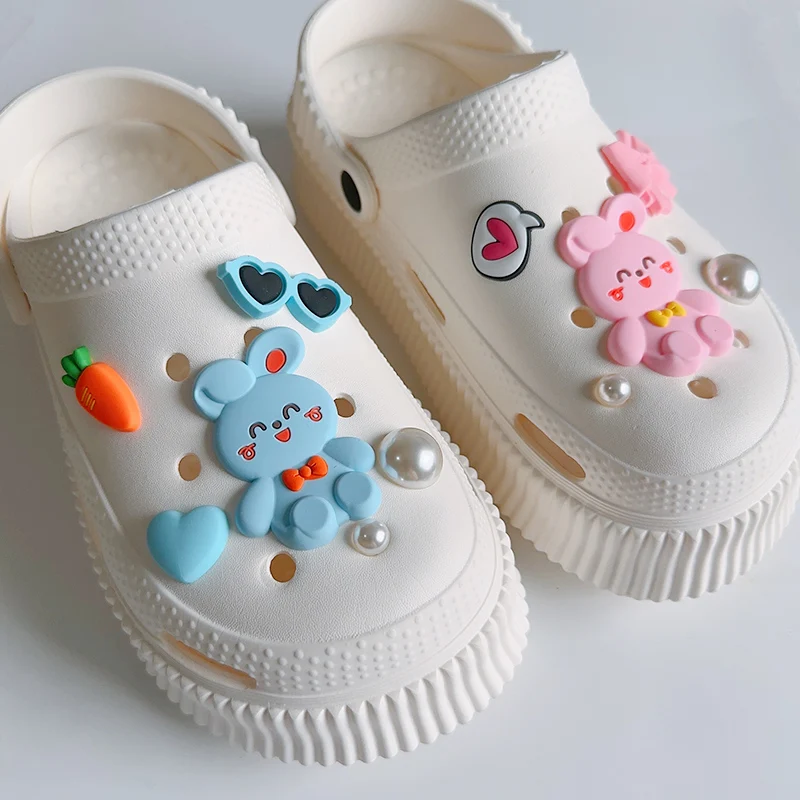 Cute Cartoon Blue Pink Color Rabbits Charms For Shoes DIY PVC Carrot Heart Bowknot Shoe Clogs Decoration Creative Jewelry Gifts