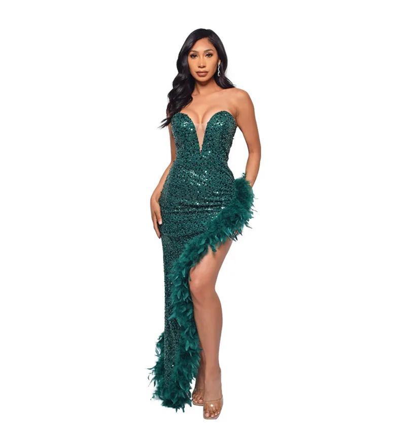 Birthday Dress Women Party Irregular Patchwork Dress 2022 Sexy Strapless Backless Sequin Feather Women Glitter Sequin Prom Dress