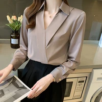 2022 spring long sleeve shirt women fashion simple chiffon casual shirts v neck workplace black ladies tops