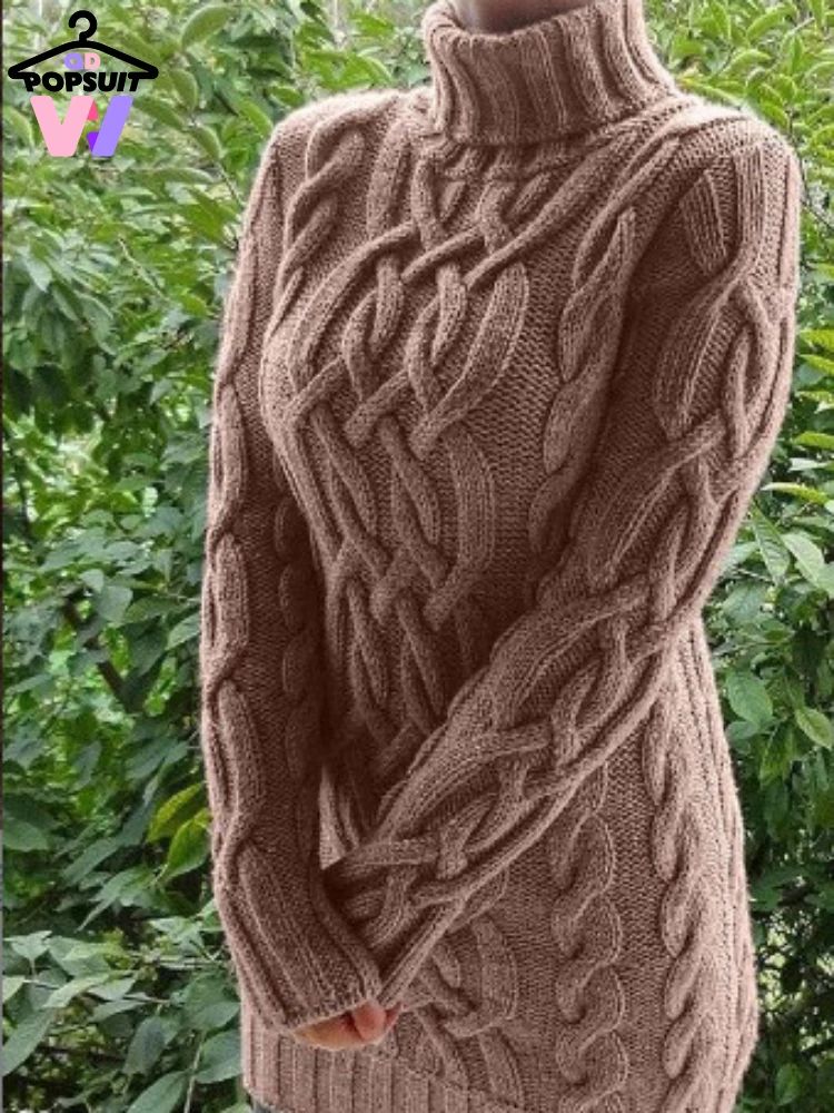 

New IN Women Sweater Pullover Autumn Winter Fashion Slim High Collar Hemp Rope Pattern Office Lady Warm Knitwear Sweater Dresses
