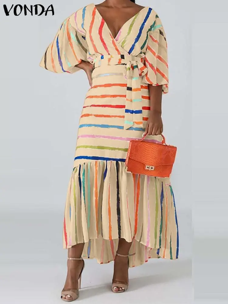 

Bohemian Women Striped Dress VONDA 2023 Summer Maxi Long Sundress Sexy V-Neck Casual Belted Loose Lantern Sleeve Ruffled Vestido