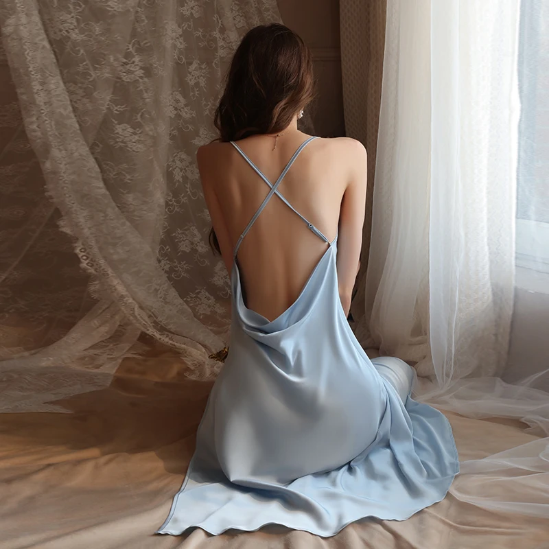 Sexy Women Clothing Sleepwear Satin Nightgowns V Neck Backless Cross Spaghetti Strap Night Dress Lingerie Homewear Nightwear