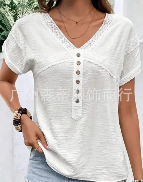 

Lace Fly Sleeve Shirt Top Women's Solid Color Short Sleeved V-neck Loose Fitting Temperament Commuting Style T-shirts Top Y2K