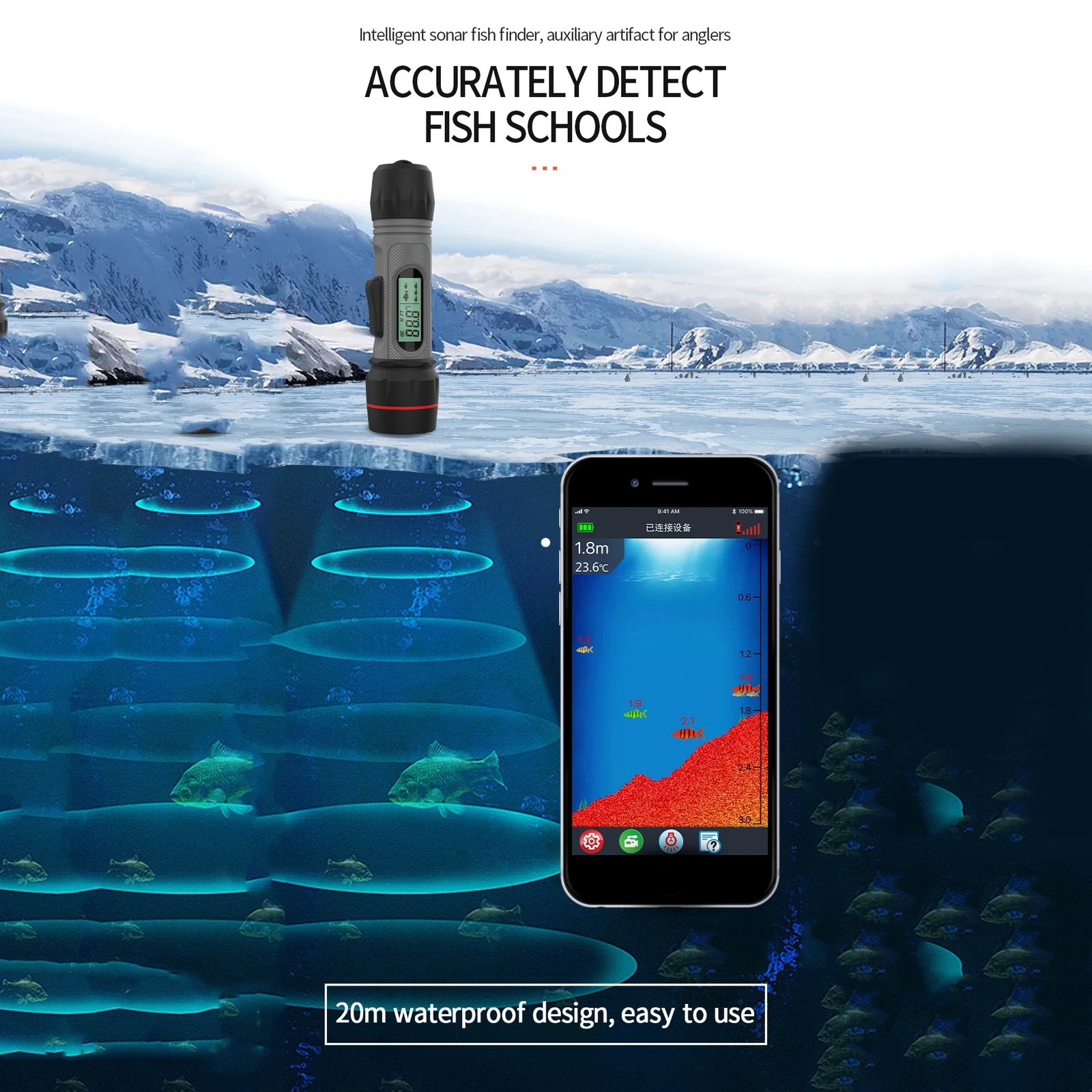 

Digital Handle Fish Finder Echo Sounder 90M Depth Portable Waterproof Sonar For Winter Ice Fishing