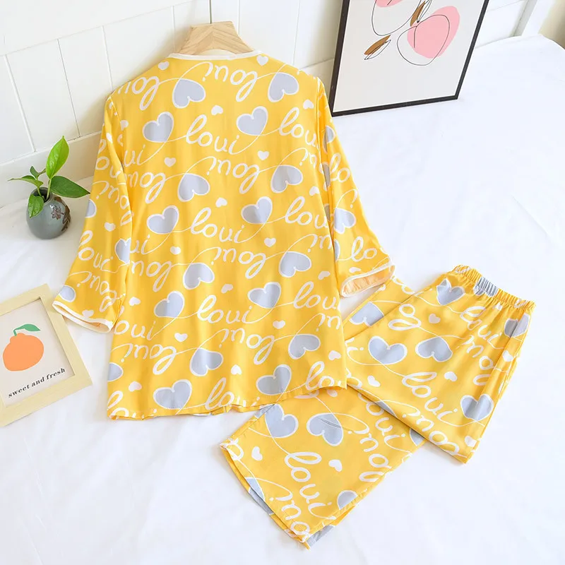 Viscose Pajama Set Women Home Clothes Pijamas Three-quarter Sleeve Trousers Round Neck Chest Pad Summer Thin Cool Wear Sleepwear